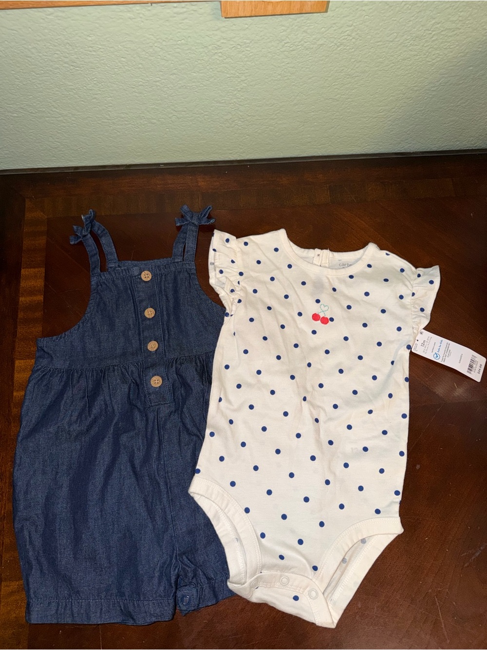 Carter's Navy Denim Romper and White Polka Dot Bodysuit Set